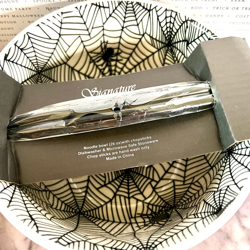 Halloween Large Ramen Noodle Bowl with Chopsticks Crawling Spiders and Webs - Picture 2 of 6